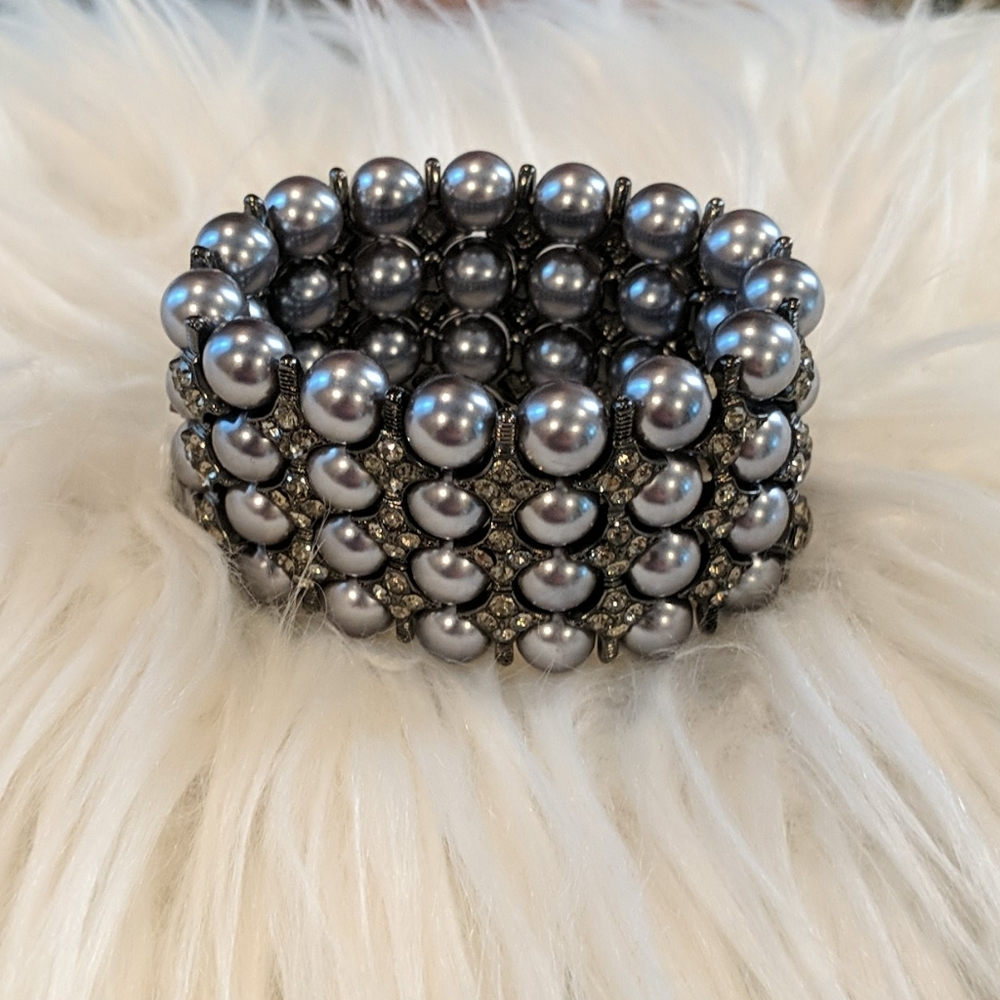 Silver Pearl and Rhinestone Bracelet